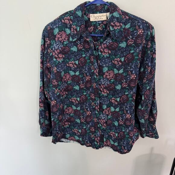 Vintage Christopher & Banks Jewel Tone 90s Floral Button Down Shirt Size Large - Picture 1 of 7